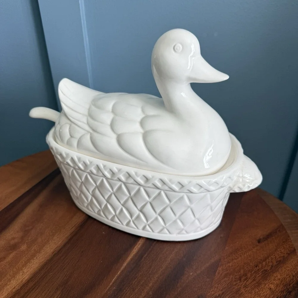 Vintage Duck Soup Tureen w Ladle Japan Ceramic 3 Piece Display Decor Cottagecore